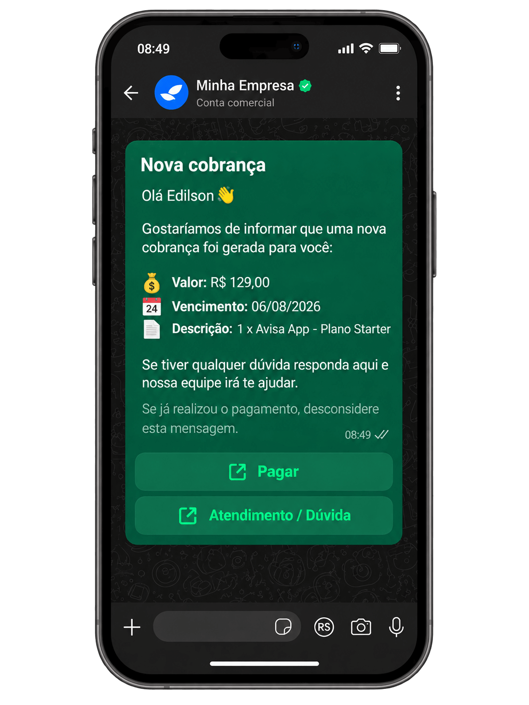 Exemplo de cobrança enviada pelo WhatsApp com botão de pagamento